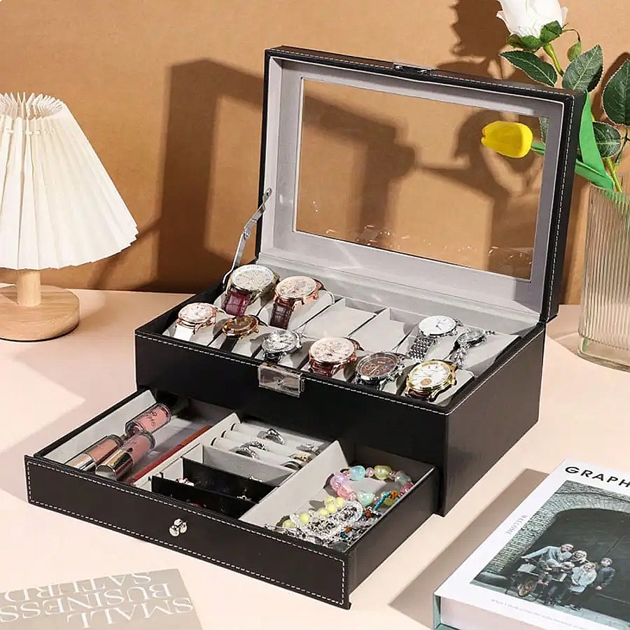 12-Slot Watch Box with Drawer, - Watch Display Box 评论和价格