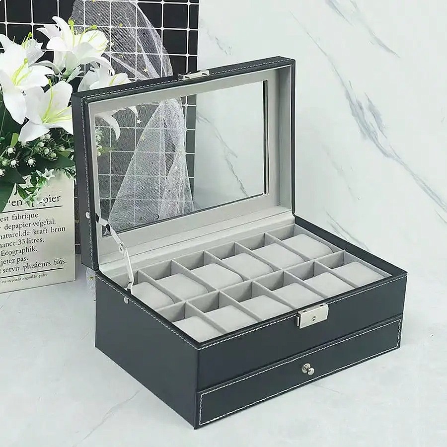 12-Slot Watch Box with Drawer, - Watch Display Box 评论和价格