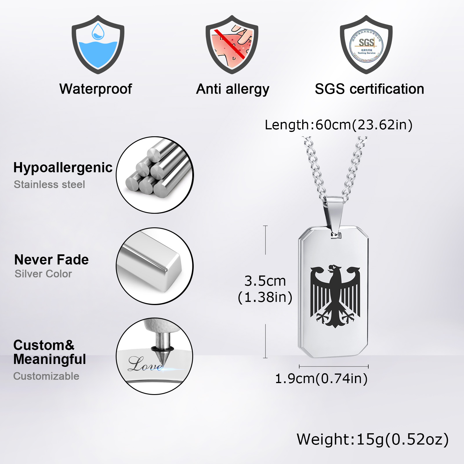 German Eagle Square Neckalces  - Mens Dog Tag Necklace 评论和价格